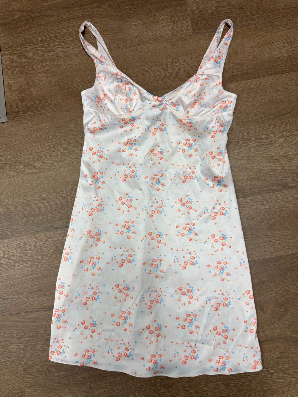 Urban Outfitters White Satin Slip Dress with Coral & Light Blue Floral Print